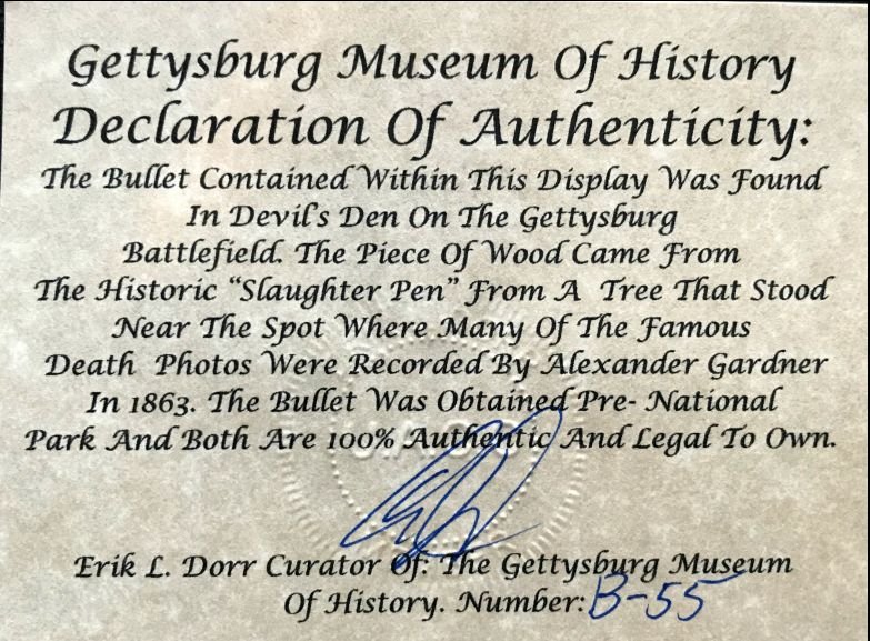 Devils Den/Slaughter Pen Battlefield Wood and Bullet Display Gettysburg In Collectors Glass Case Certified — image 2