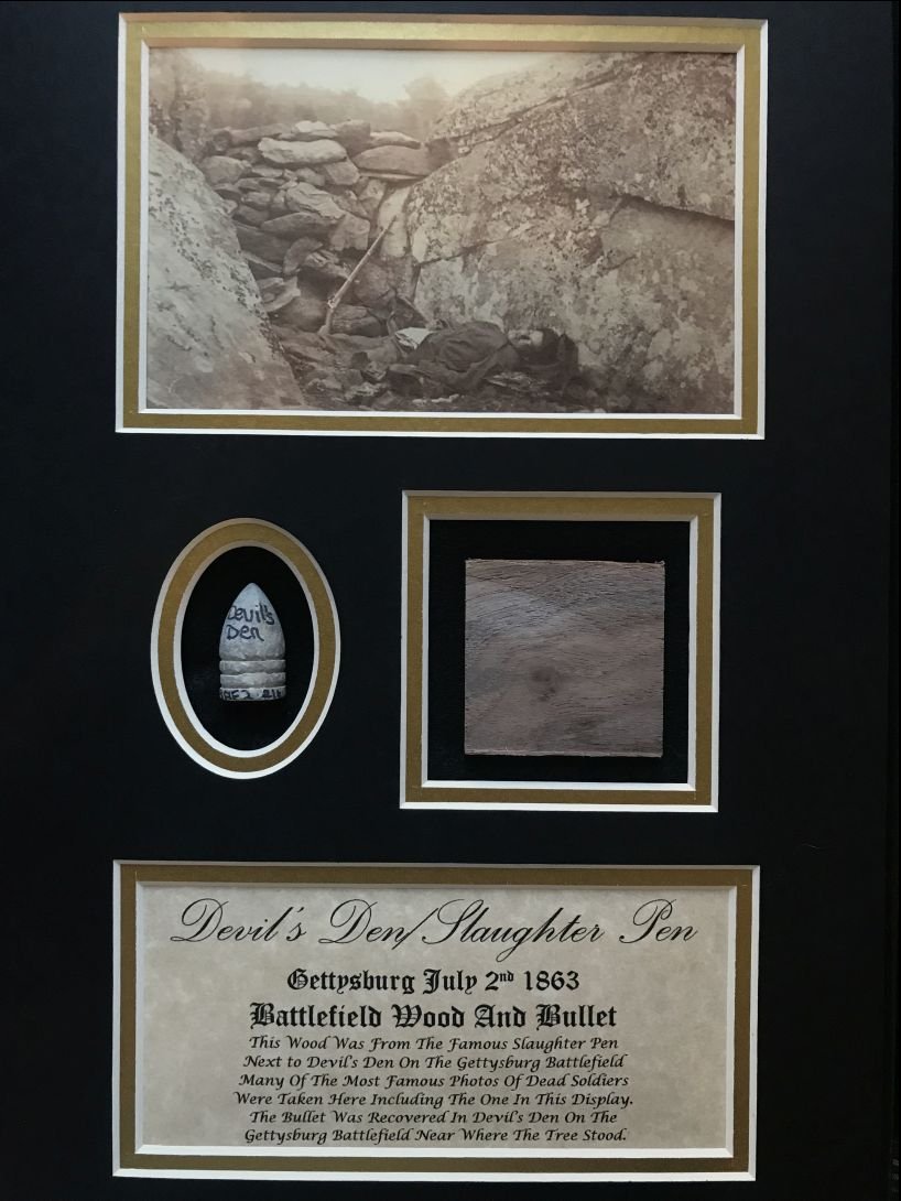 Devils Den/Slaughter Pen Battlefield Wood and Bullet Display Gettysburg In Collectors Glass Case Certified — image 3