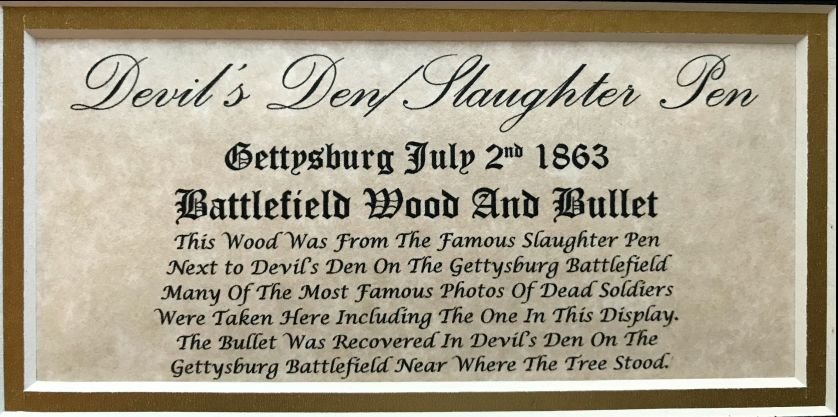 Devils Den/Slaughter Pen Battlefield Wood and Bullet Display Gettysburg In Collectors Glass Case Certified — image 6