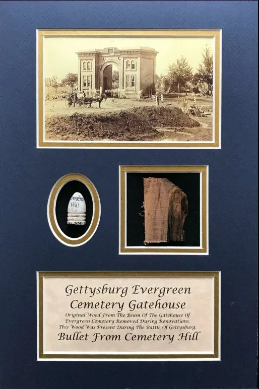 The Gatehouse At Evergreen Cemetery Gettysburg Witness Wood and Bullet Display In Collector's Glass Case — image 2