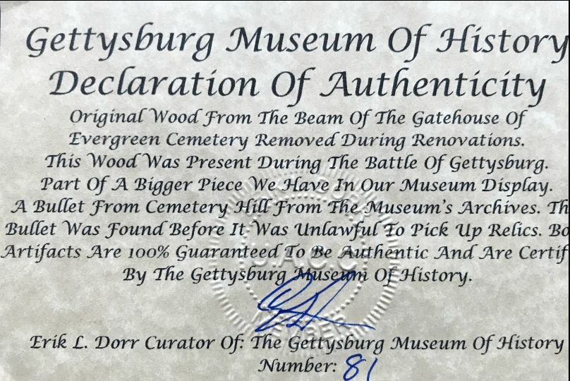The Gatehouse At Evergreen Cemetery Gettysburg Witness Wood and Bullet Display In Collector's Glass Case — image 3