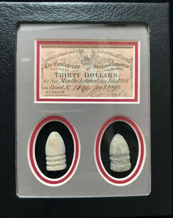 Authentic Confederate Bond Note And Civil War Bullets Display In Collector's Glass Case