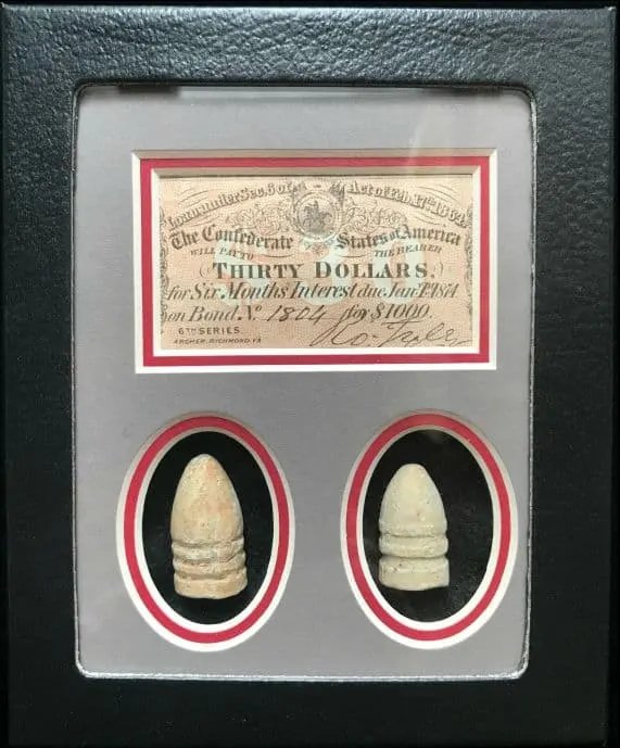 Authentic Confederate Bond Note And Civil War Bullets Display In Collector's Glass Case — image 3