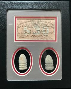 Authentic Confederate Bond Note And Civil War Bullets Display In …