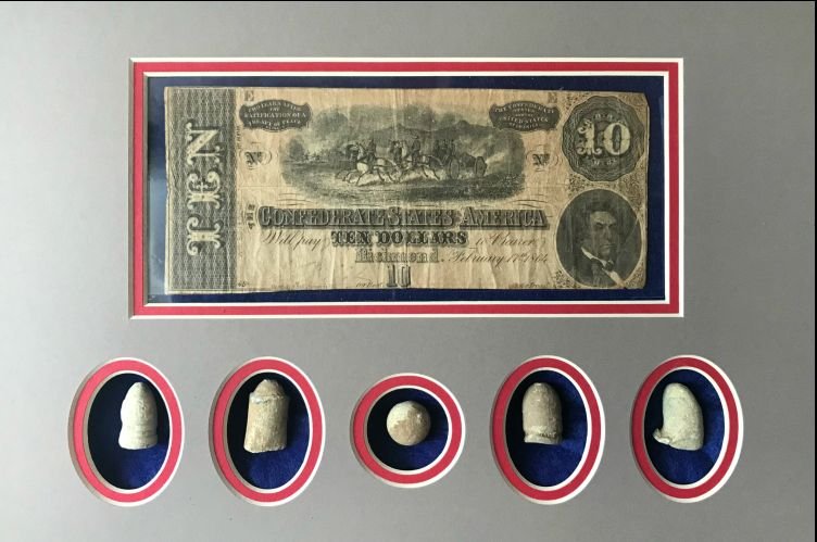 Authentic Confederate Money & Civil War Bullets Display In Collectors Glass Case Certified By The Gettysburg Museum Of History — image 2