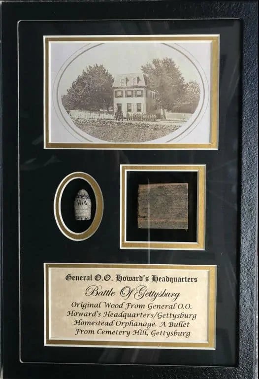 Wood From Gen. O.O. Howard's H.Q. (The Orphanage) Gettysburg Plus Bullet In Collector's Glass Case — image 4