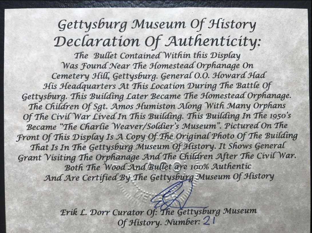 Wood From Gen. O.O. Howard's H.Q. (The Orphanage) Gettysburg Plus Bullet In Collector's Glass Case — image 5