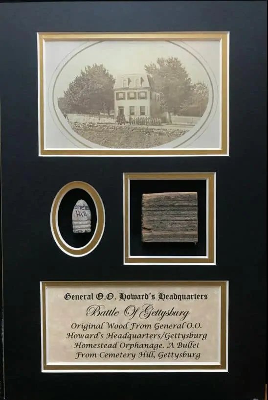 Wood From Gen. O.O. Howard's H.Q. (The Orphanage) Gettysburg Plus Bullet In Collector's Glass Case — image 6