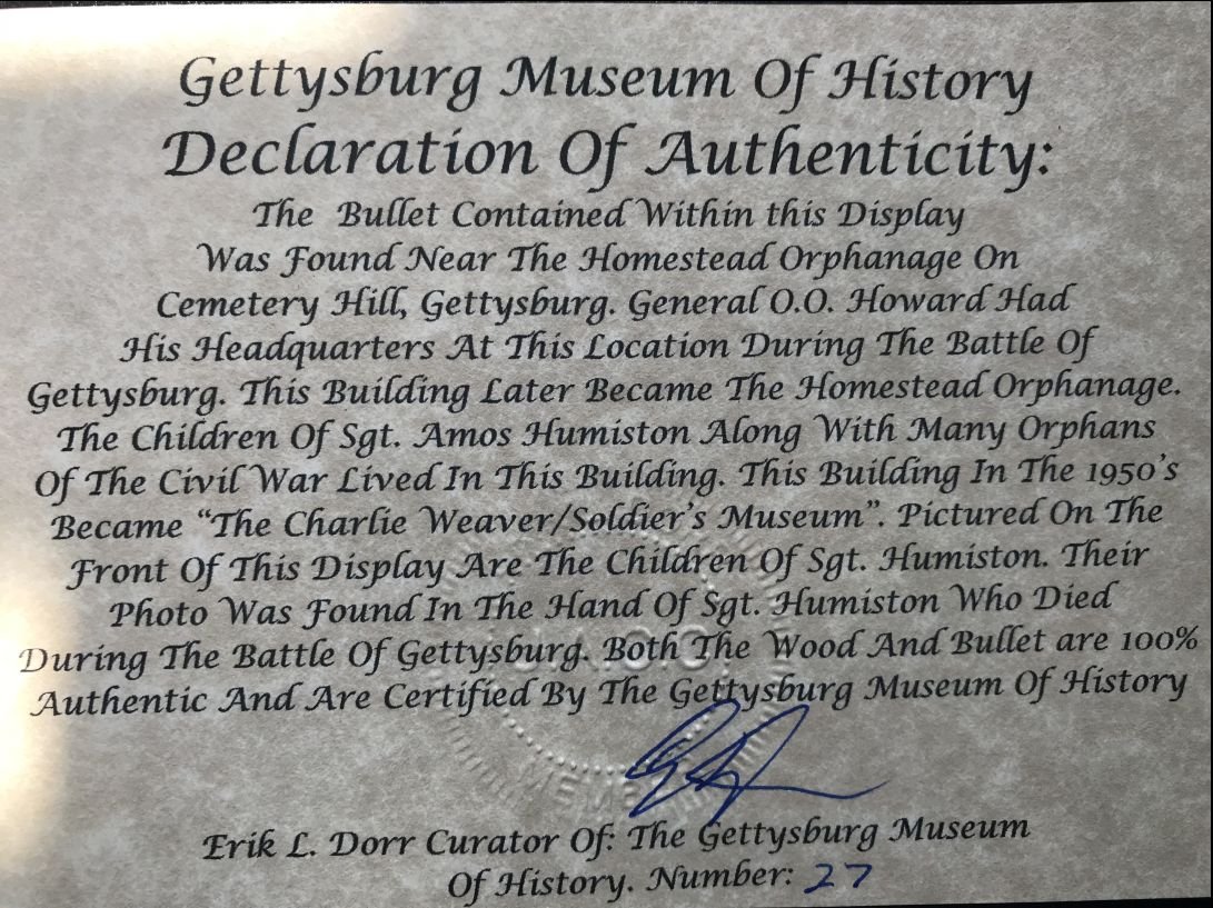 Children Of The Battlefield Authentic Gettysburg Orphanage Wood And Bullet Relic Set In Collector's Glass Case — image 2