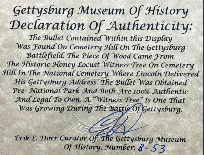 Lincoln's Gettysburg Address Historic Witness Wood And Authentic Bullet Display In Collector's Glass Case — image 3
