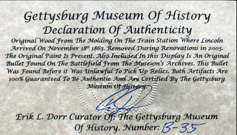 Original Wood From The Gettysburg Rail Road Station, Bullet From The Battle Of Gettysburg In Collector's Glass Case — image 3