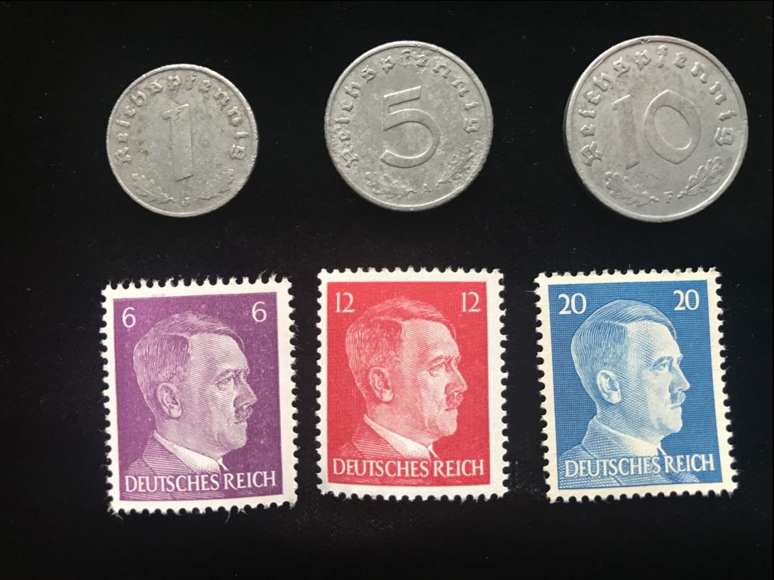 Authentic WWII Era German Nazi 3 Stamp And 3 Coin Set Certified By The Gettysburg Museum Of History — image 2