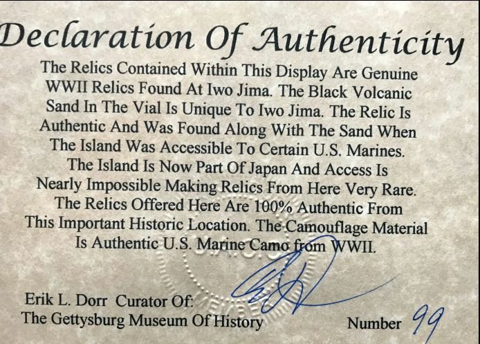 Original WWII Iwo Jima Sand And Relic Display In Collector's Glass Case U.S.M.C. — image 2