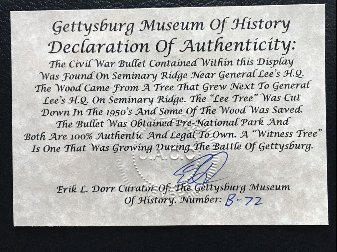 Gen. Lee's Headquarters Witness Wood And Authentic Gettysburg Bullet Display In Collector's Glass Case — image 6