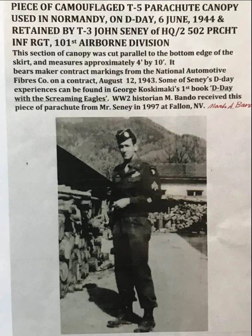 Authentic Piece Of Named D-Day Used U.S. Parachute From 101st Airborne Paratrooper Certified — image 2