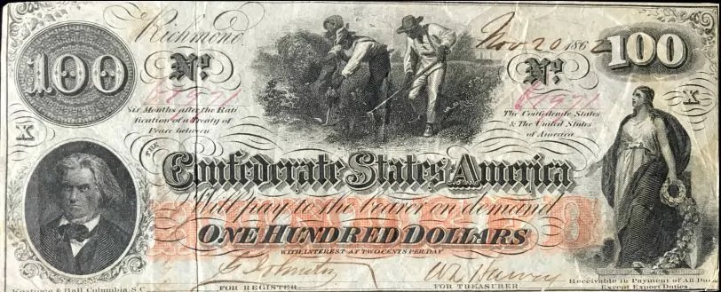 Authentic Civil War Confederate Money, $100.00 'Slave' Note Certified By The Gettysburg Museum Of History Authentic Civil War Confederate Money.