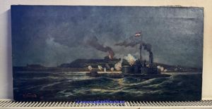 Ölbild k.u.k. Kriegsmarine 'Donaumonitor Körös beschießt die Festung Belgrad 1914' …