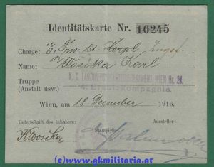 k.k. Identitätskarte Einjährig-Freiwilliger tit. Zugsführer Karl Wosika - k.k.Landwehr-Infanterie-Regiment Wien …