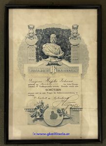Urkunde für die k.u.k. Kavallerie-Schützenauszeichnung - k.u.k. Dragoner-Regiment Erzherzog Joseph …