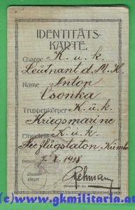 k.u.k. Kriegsmarine - Legitimation für Seeflugzeugführer Leutnant d. MK Anton …