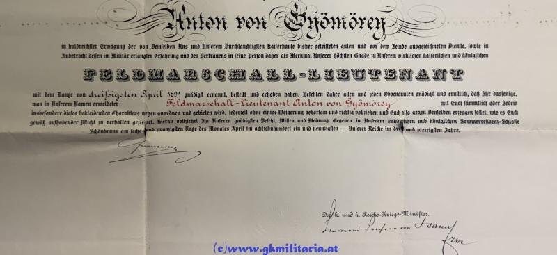 k.u.k. Feldmarschallleutnants-Patent Anton Gyömörey von Gyömöre und Teölvár, Anton - Kmdt. der 18. Kavallerie-Brigade!! — image 2