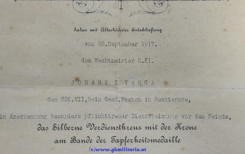 Verleihungsurkunde Silbernes Verdienstkreuz mit Krone - WM Johann Varga - Gend. Posten Besztercze!! — image 2
