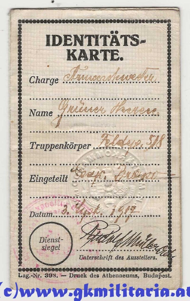 k.u.k. Identitätskarte Krankenschwester Therese Grüner - Feldpost 518 - Brasso!! — image 2