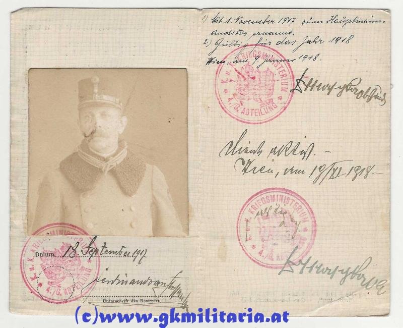 k.u.k. Identitätskarte für Hauptmann Aud. Ferdinand Steffan Edler von Steffenau - k.u.k. Kriegsministerium Abt. 4/G. !!