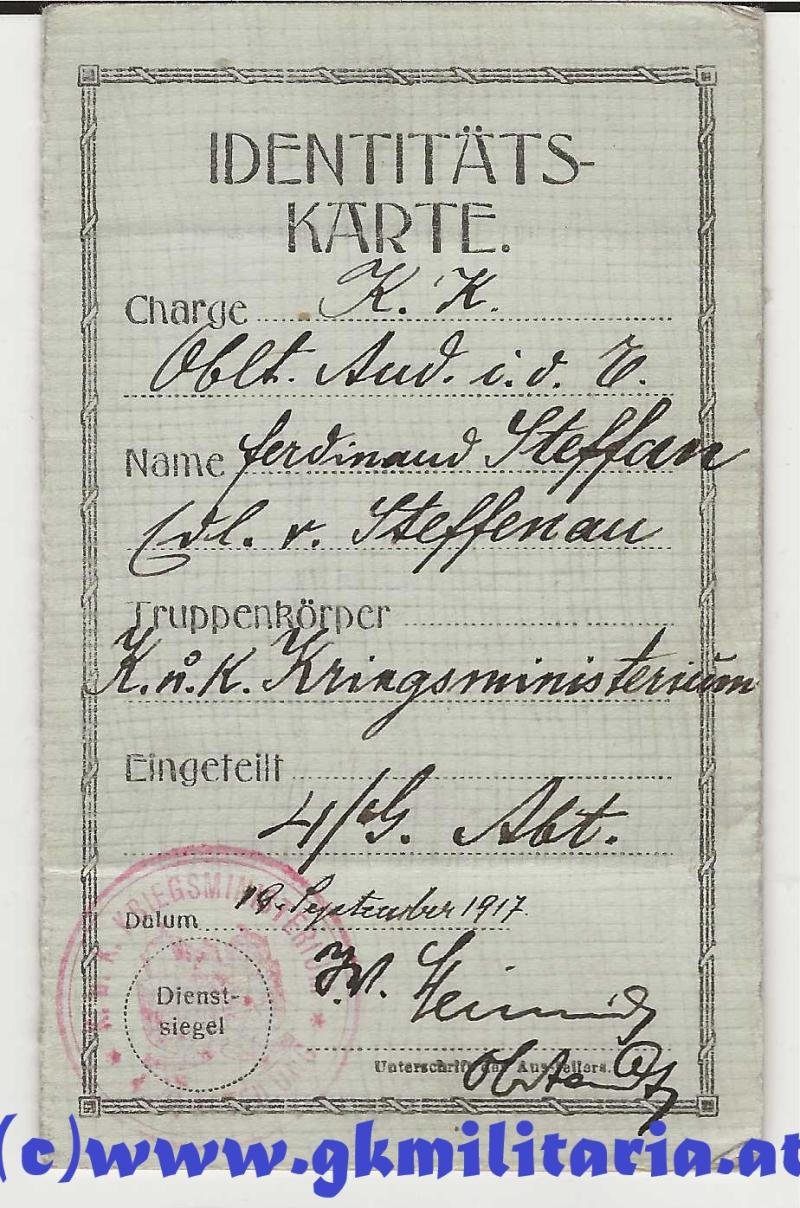 k.u.k. Identitätskarte für Hauptmann Aud. Ferdinand Steffan Edler von Steffenau - k.u.k. Kriegsministerium Abt. 4/G. !! — image 2