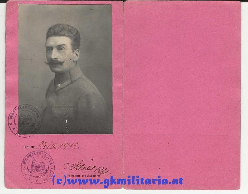 k.u.k. Identitätskarte Ldst. Rechf. Stellv. Uoffz. Karl HÖLZL k.u.k. Zentral-Feldtransportleitung WIEN! — image 2