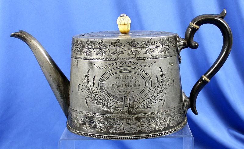 19th Century British Silver Plated Pewter Teapot Presented to the Color Sergeant of the 109th Regiment of Foot (Bombay Infantry) — image 2
