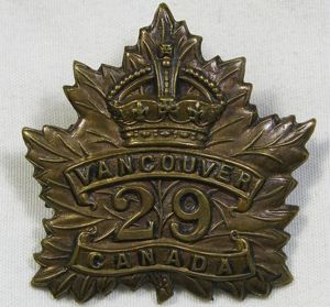 WWI Canada 29th Vancouver Battalion Cap Badge