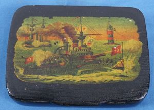 Circa 1900 Decoupage Lacquer Box with Turkish Naval Vessel Scene