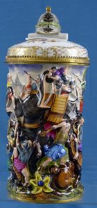 Tall 1 Liter Capo Di Monte Elephant Combat Scene Stein