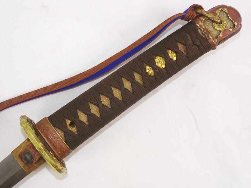 Signed Edo Period Japanese Army Officer Wakizashi in World War II Mounts and Leather Scabbard Cover — image 10