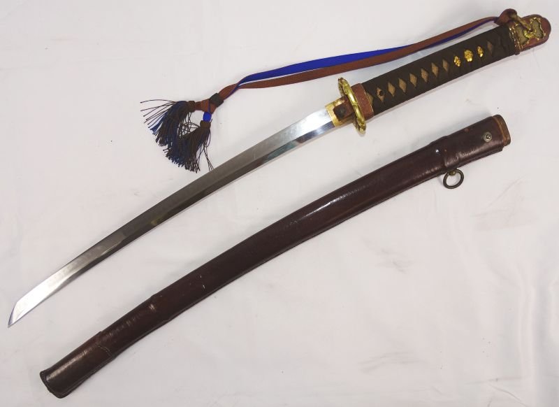 Signed Edo Period Japanese Army Officer Wakizashi in World War II Mounts and Leather Scabbard Cover — image 4