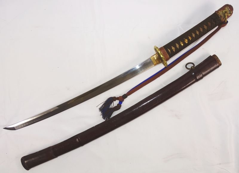 Signed Edo Period Japanese Army Officer Wakizashi in World War II Mounts and Leather Scabbard Cover — image 5