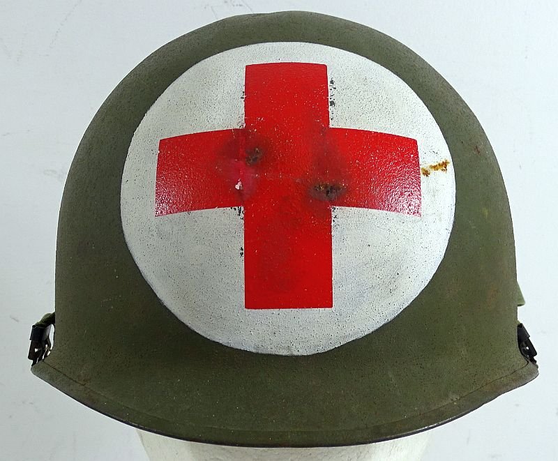 Vietnam War Era Rear Seam Swivel Bale M1 Combat Helmet with Painted Medic Insignia — image 2