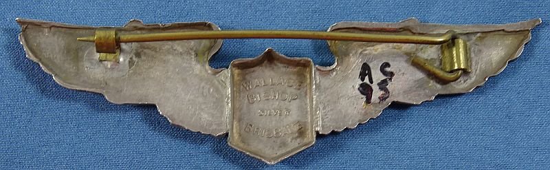 WWII Full Size Pin Back Silver Australian Made Pilot Wings by Wallace Bishop Brisbane — image 2