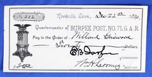 1893 GAR Burpee Post No. 71 Quartermaster Check