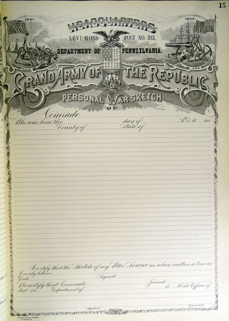 Large GAR Pennsylvania Levi Moss Post No. 313 Personal War Sketches Volume — image 4