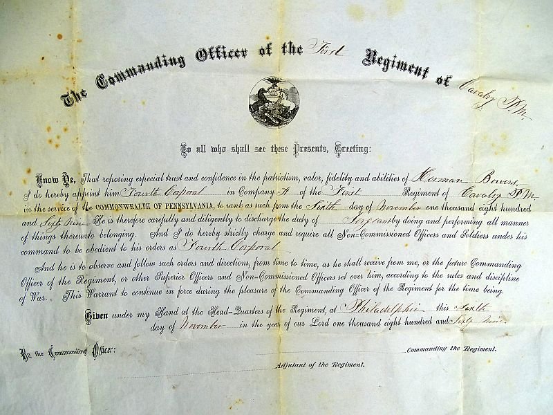 1869 Pennsylvania Militia Cavalry Corporal Appointment Document — image 2