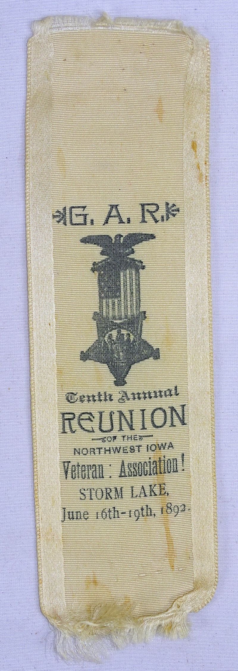 1892 GAR Northwest Iowa 10th Annual Reunion Ribbon