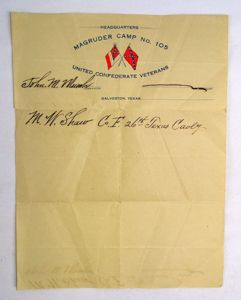 United Confederate Veterans Magruder Camp 105 Galveston, Texas Stationary with …