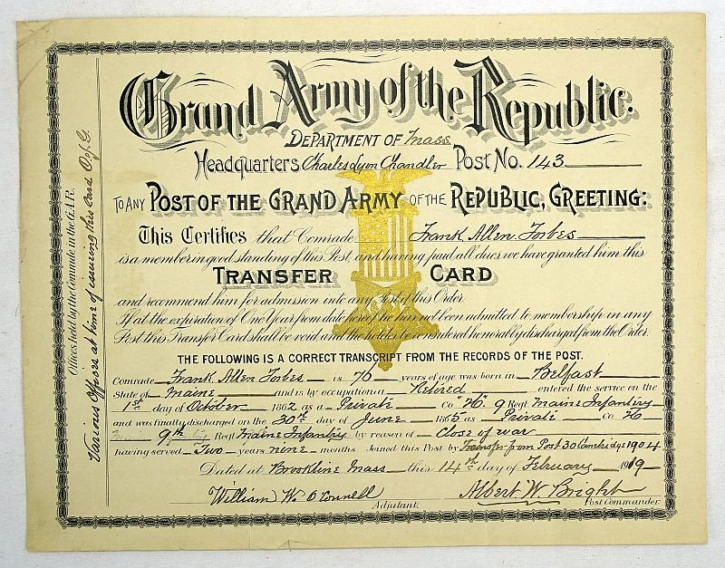 1919 GAR Department of Massachusetts Transfer Certificate for a Veteran of the 9th Maine Infantry Regiment