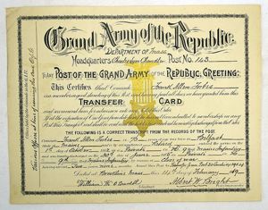 1919 GAR Department of Massachusetts Transfer Certificate for a Veteran …