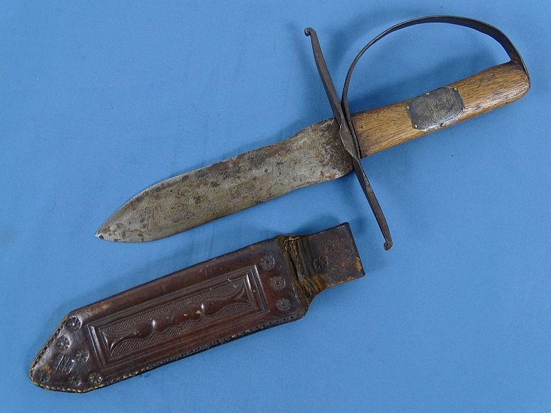Confederate D Guard Bowie Knife with Tooled Leather Sheath and Shiloh Attribution Plate on a GAR Donation Plaque — image 2