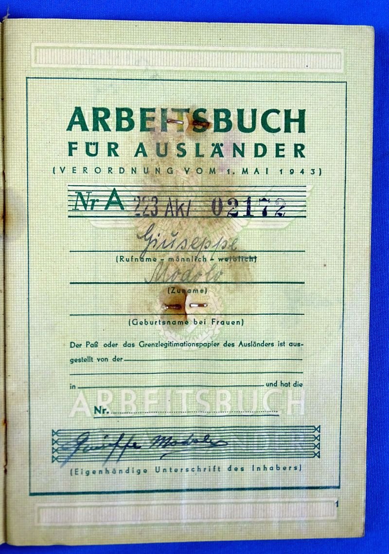 1944 German Arbeitsbuch fur Auslander and Arbeitskarte Issued to an Italian Worker — image 4