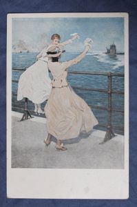 WWI German Postcard Women Waving at a Passing U Boat
