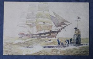 WWI German Postcard U Boat Preparing to Sink Sailing Ship